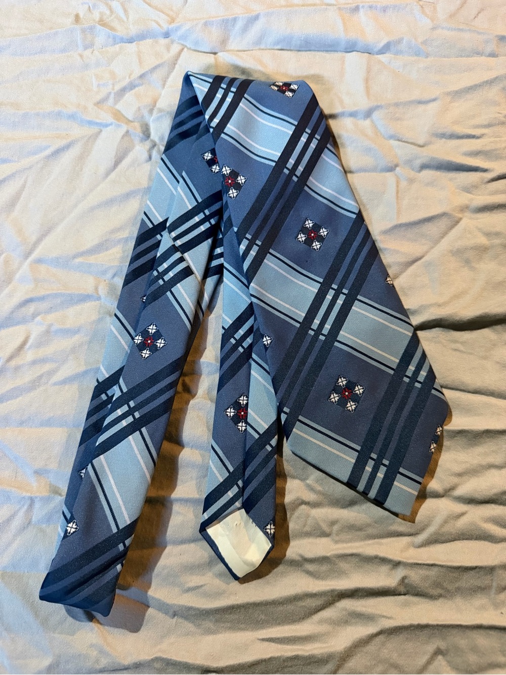 Men's Blue Plaid Silk Tie with Geometric Accents